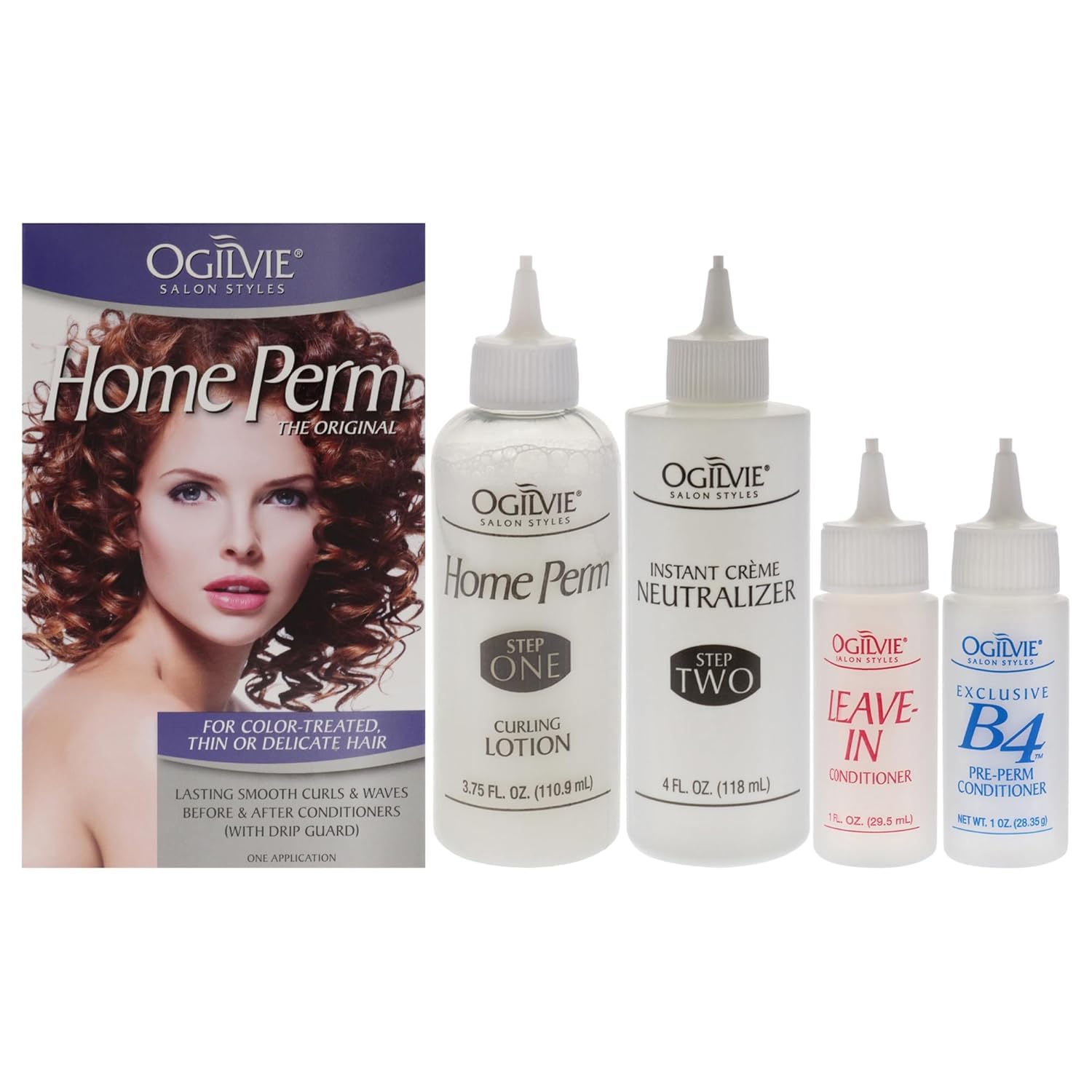 Ogilvie professional home perm kit contents including heat activator and protective drip guard.
