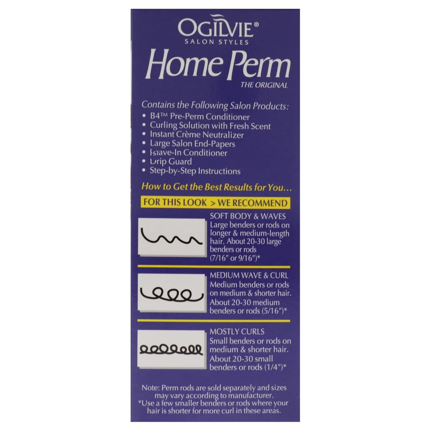 Ogilvie home perm for delicate hair displaying before and after conditioning treatment bottles.