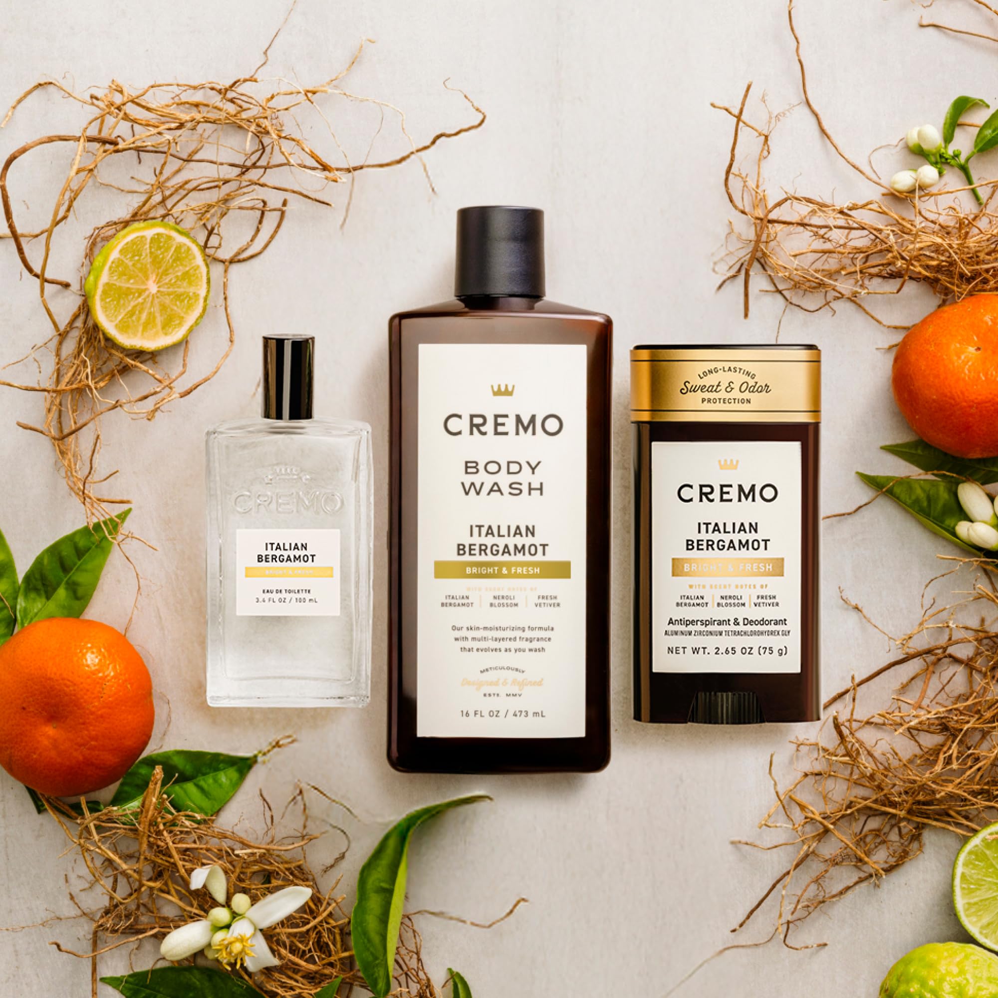 Full size Cremo Italian Bergamot cologne bottle and body wash