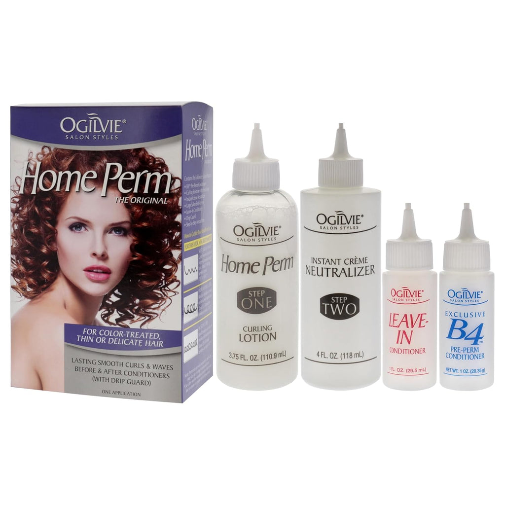 Close up of Ogilvie heat activated home perm solution lotion and neutralizing bottles.