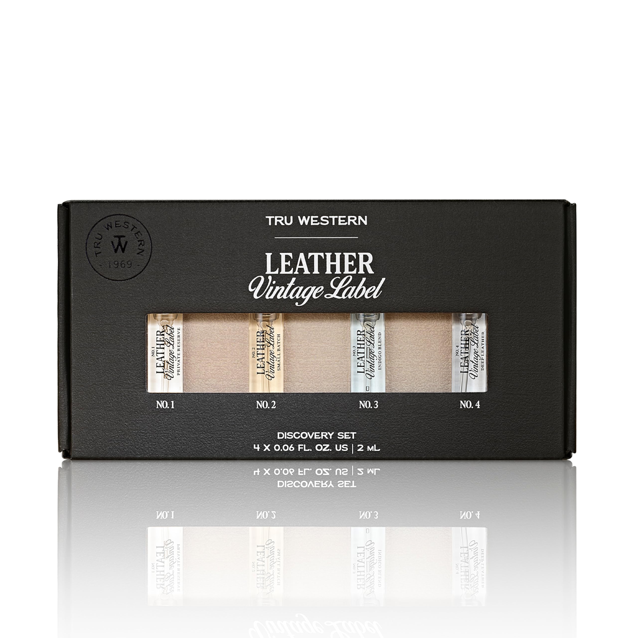Four cologne vials from Tru Western leather fragrance collection