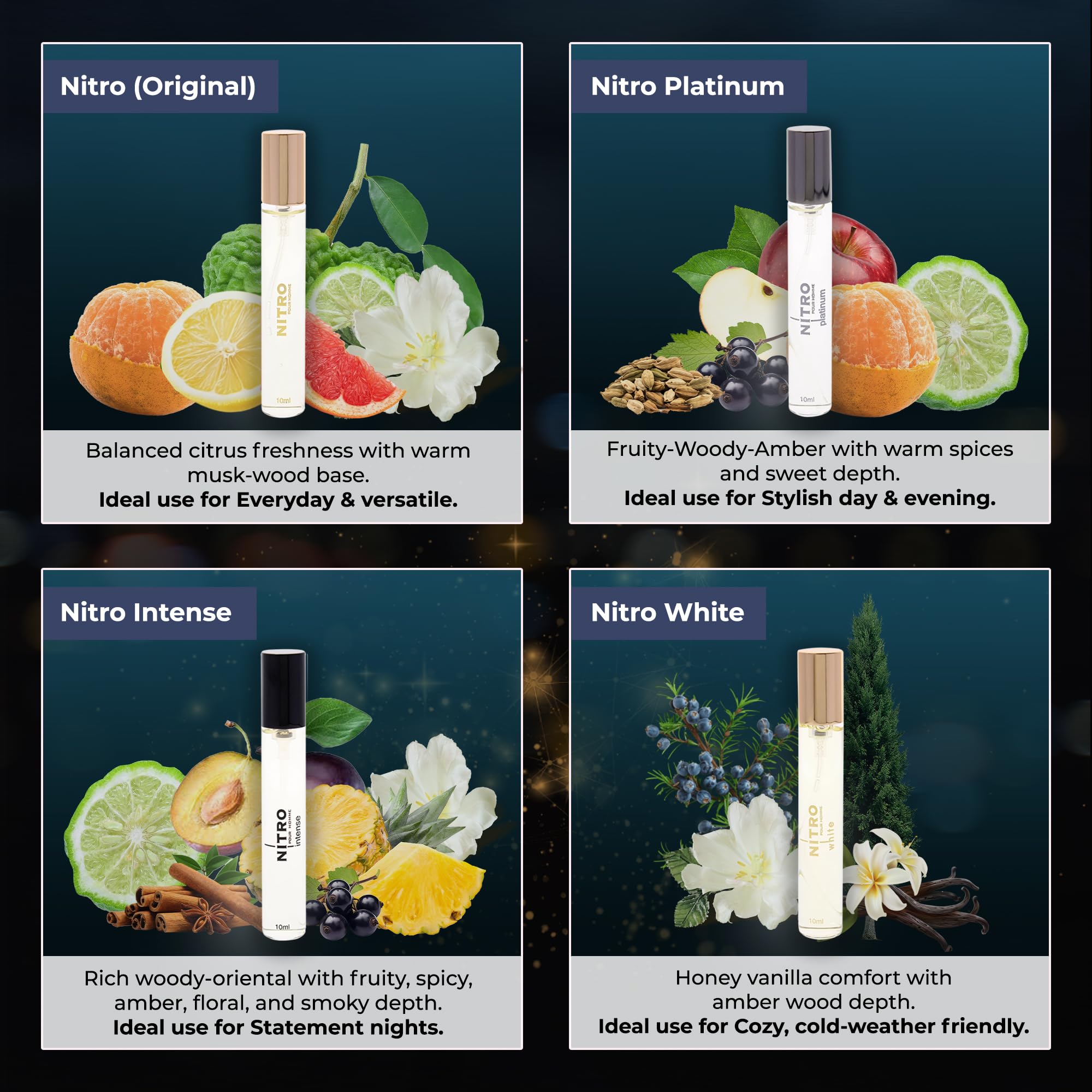 Close up of Dumont Nitro fragrance vials 10ml size