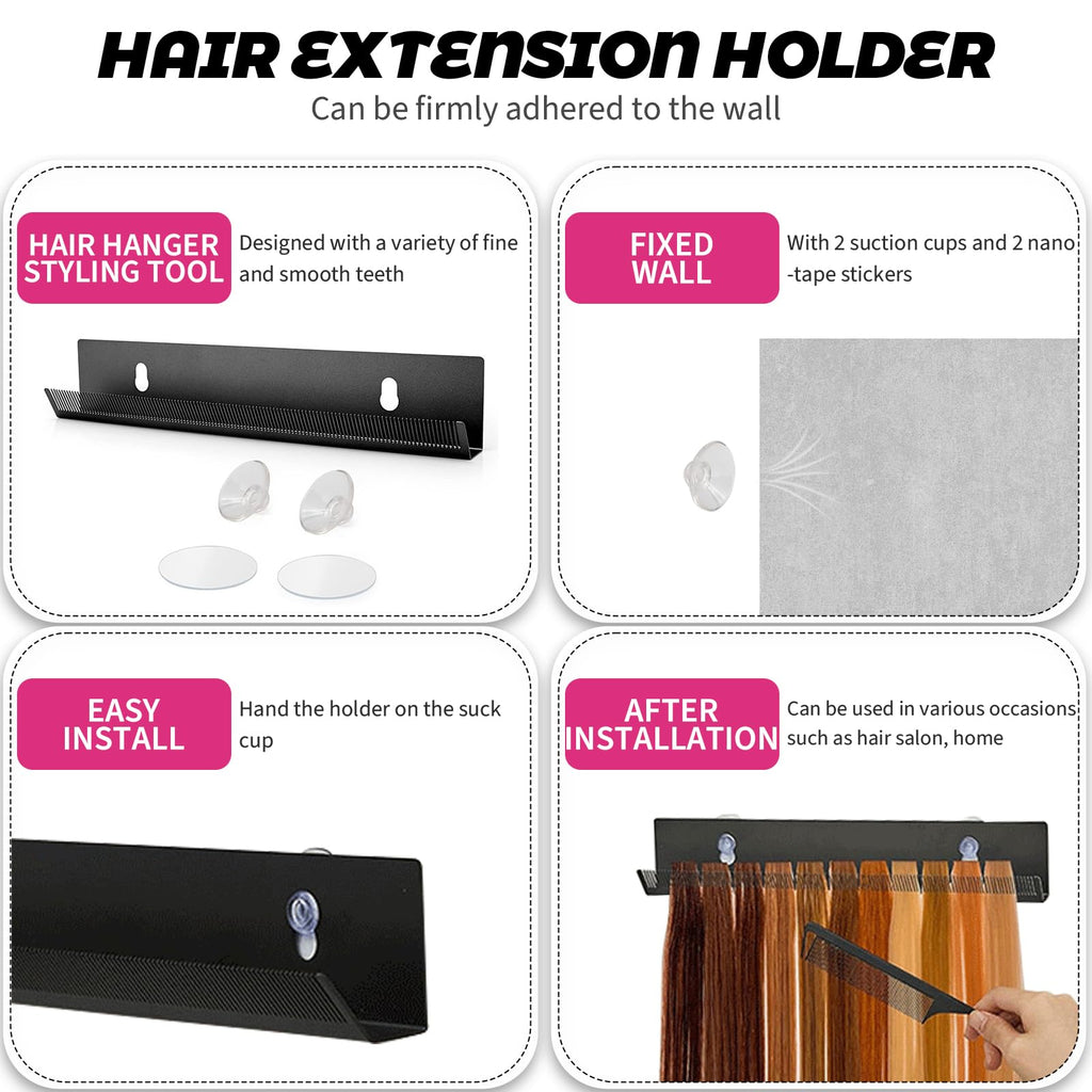 Stainless steel hair caddy displaying multiple tape in hair wefts.