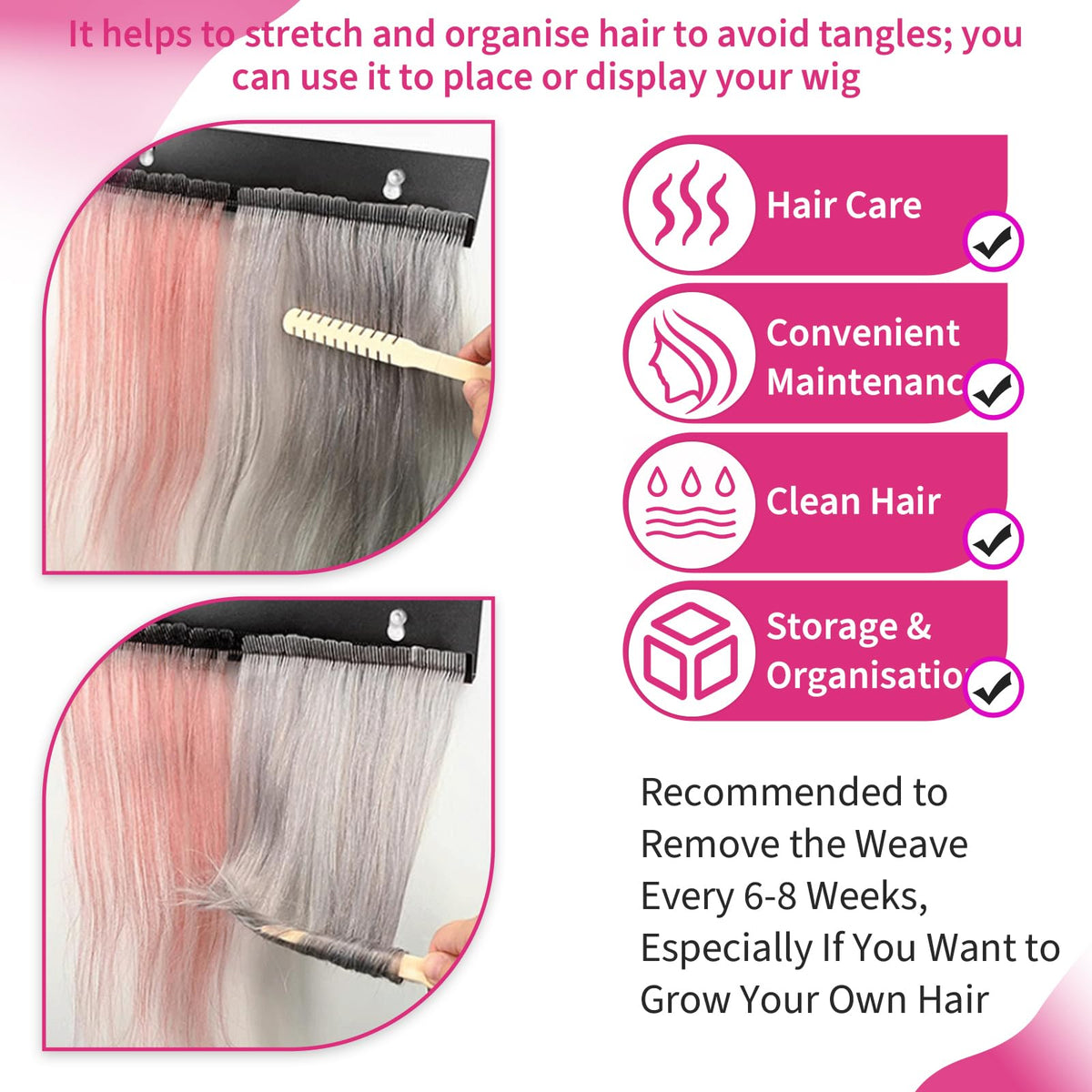 Salon extension organization tool being used for hands free blow drying.
