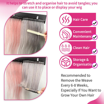 Salon extension organization tool being used for hands free blow drying.