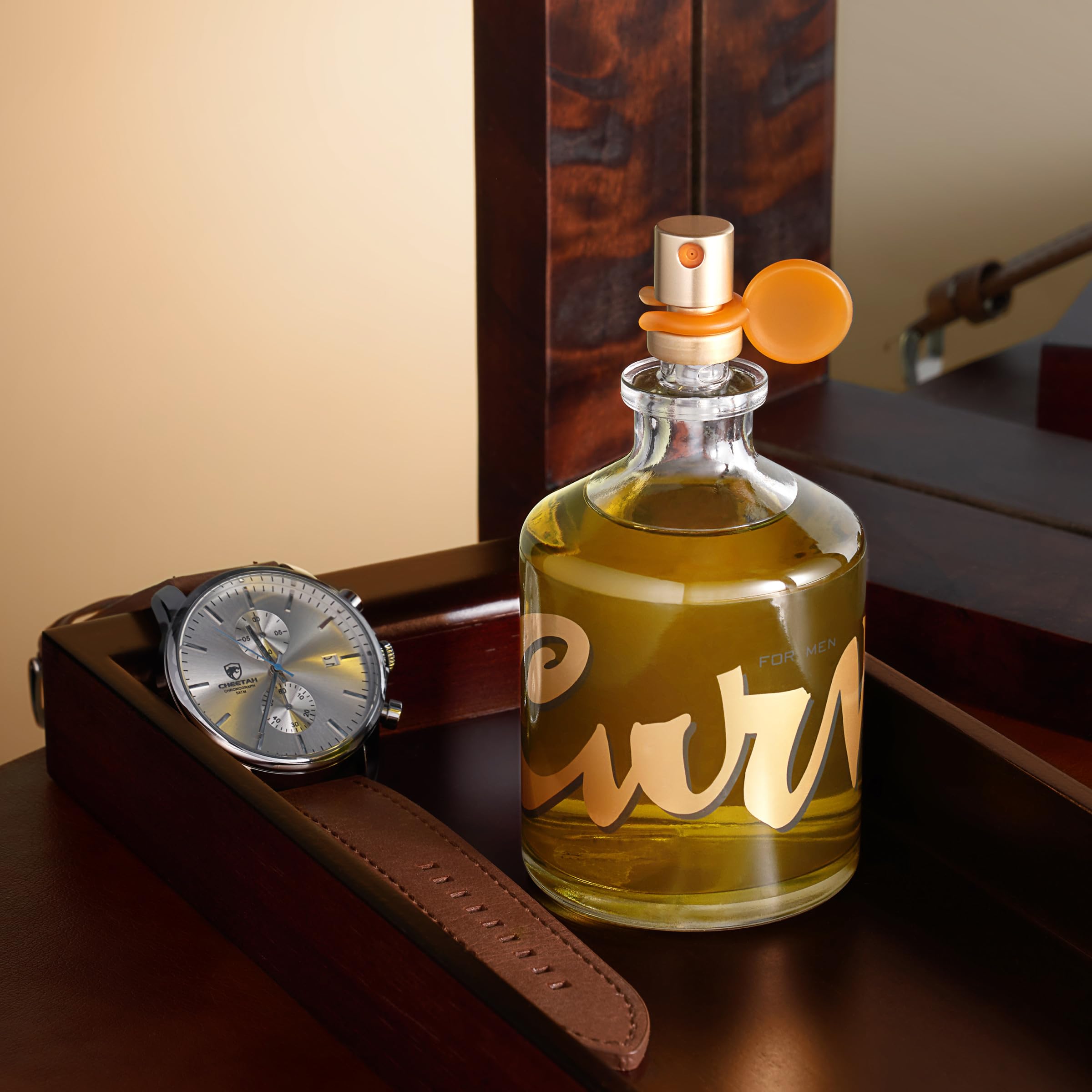 Unboxed view of the three piece spicy woody men fragrance components highlighting the complete grooming collection