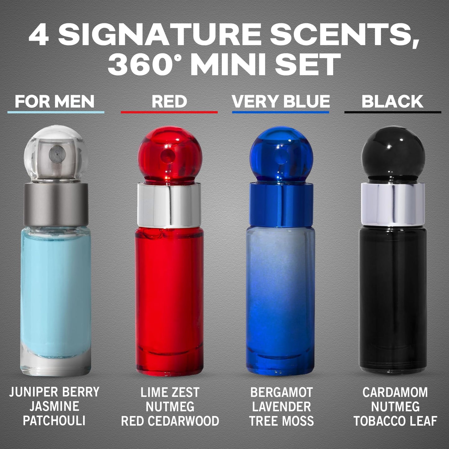 Four assorted Perry Ellis 360 Degree travel-sized cologne bottles