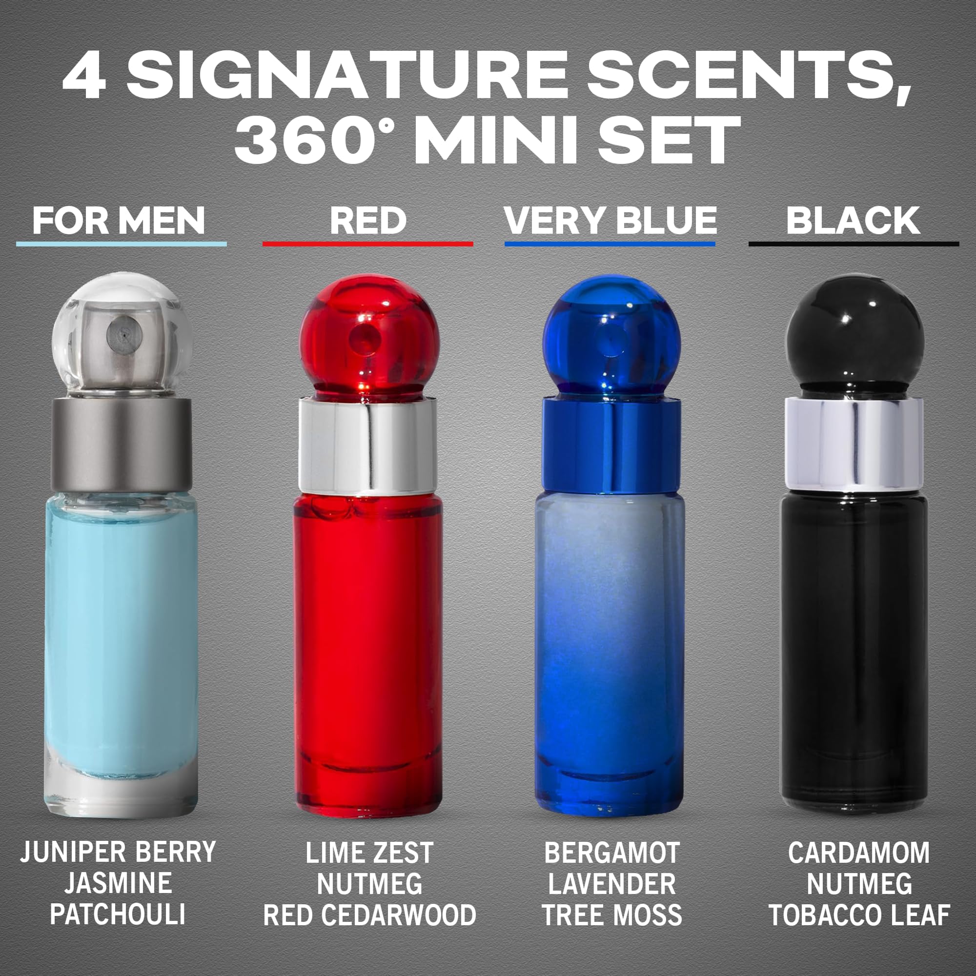 Four assorted Perry Ellis 360 Degree travel-sized cologne bottles