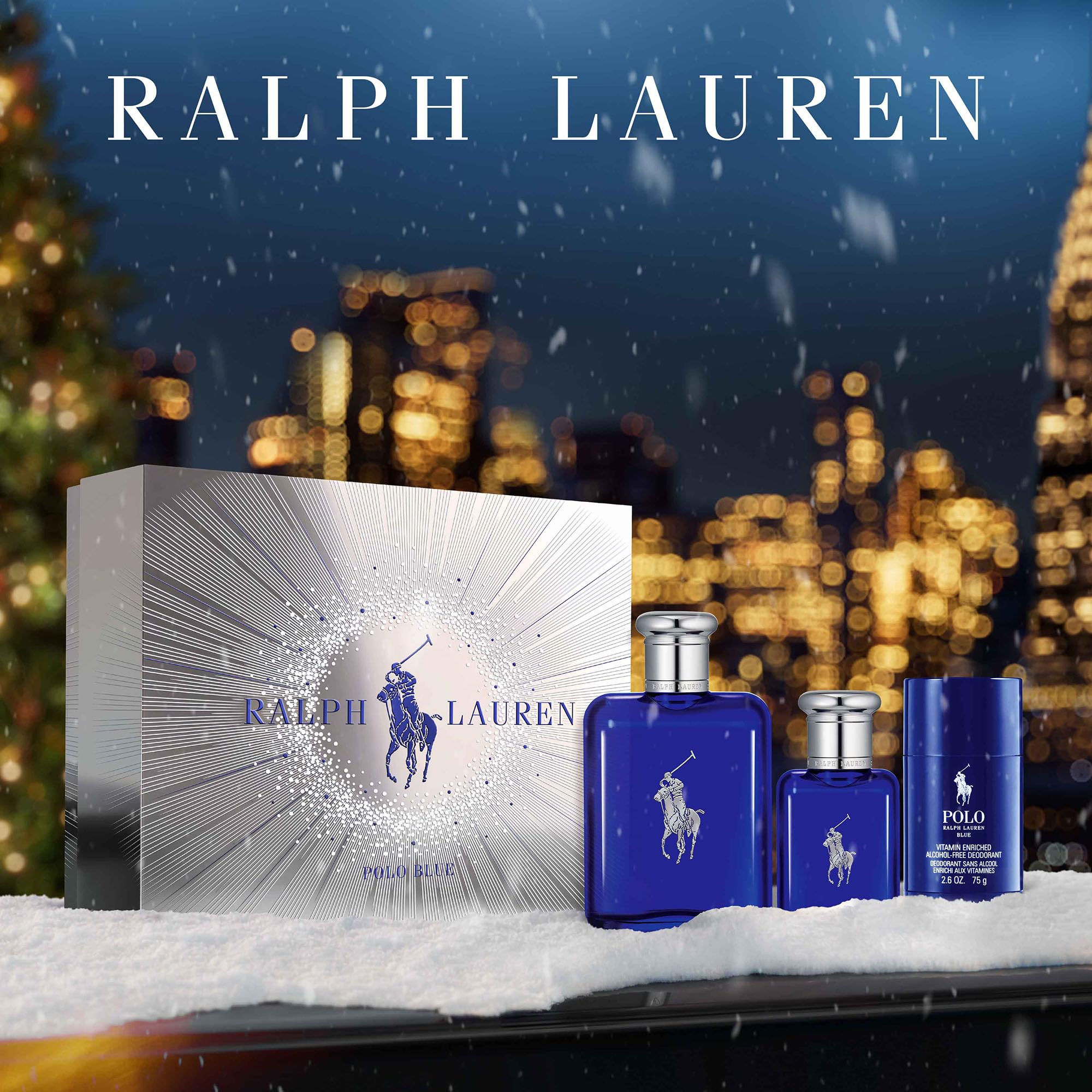 Ralph Lauren Polo Blue deodorant stick and fragrance bottles