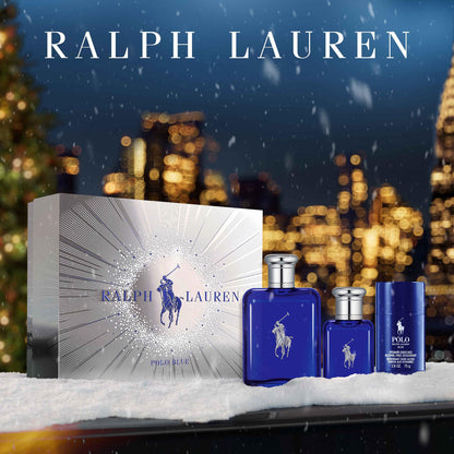 Ralph Lauren Polo Blue deodorant stick and fragrance bottles