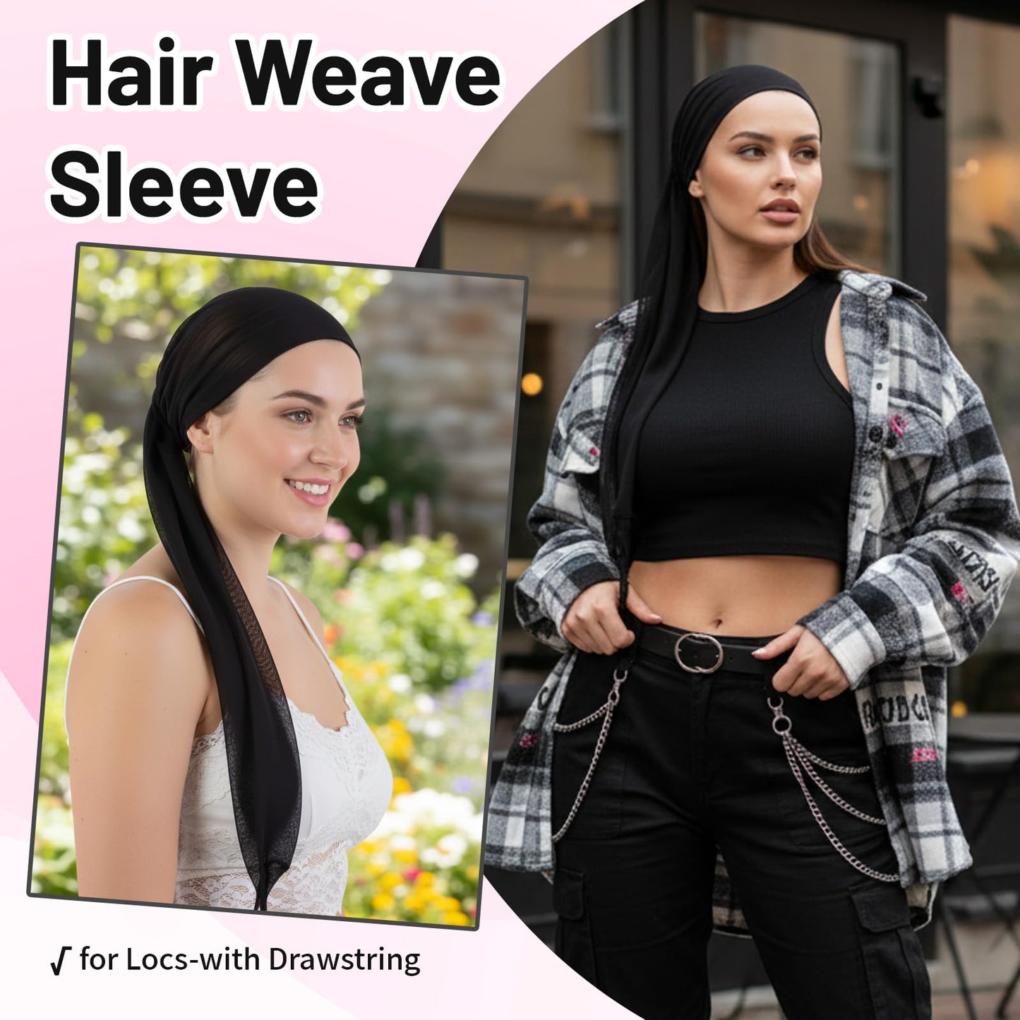 Close up of the elastic band and toggle lock on the hair weave sleeve