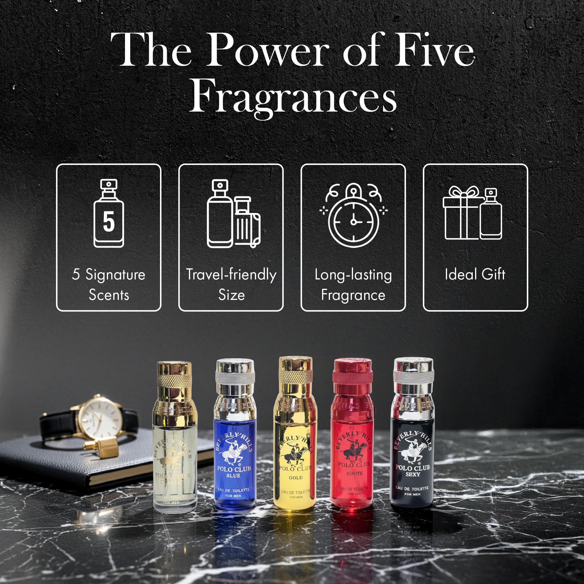 Front view of the five individual Eau De Toilette miniature bottles lined up outside their display box.