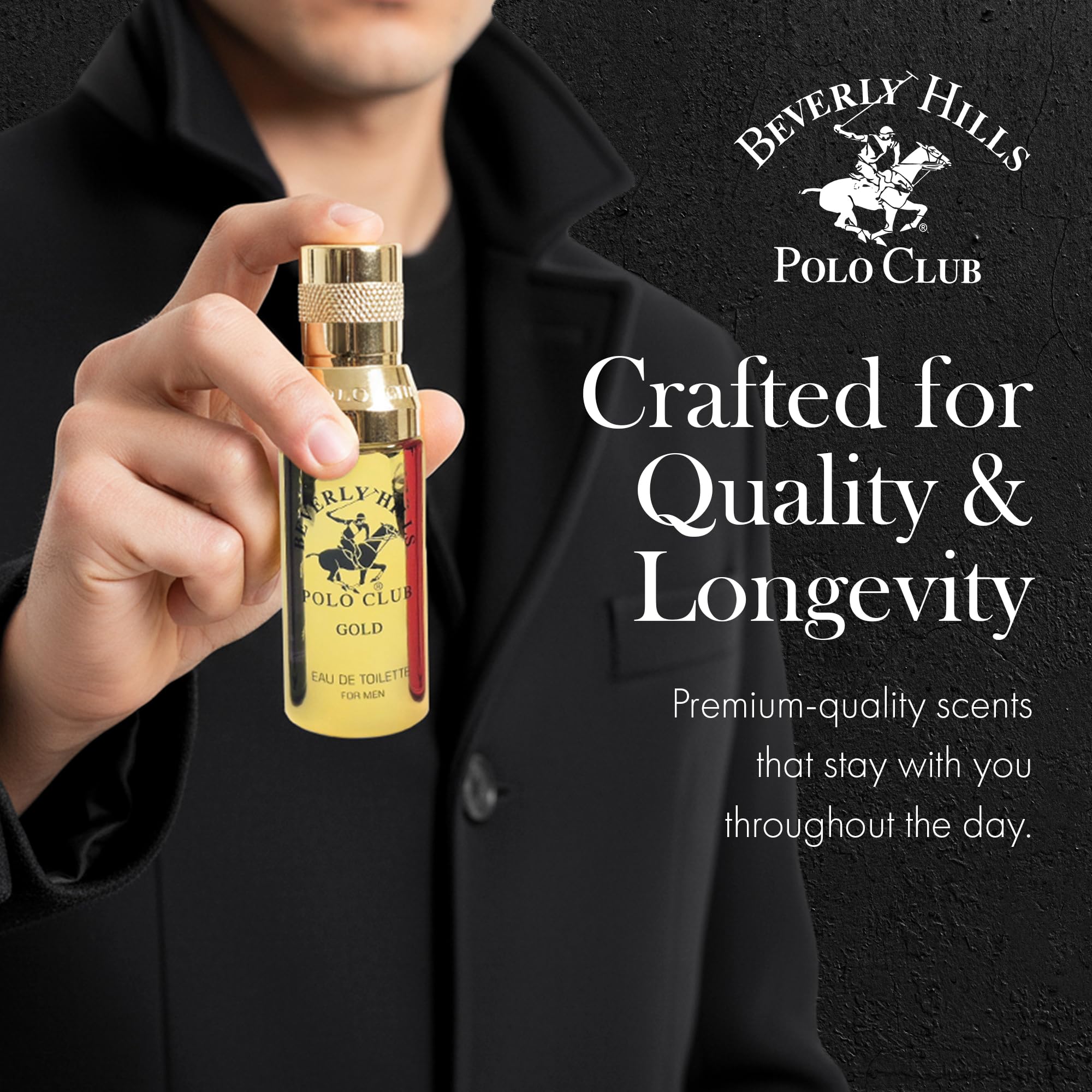Top angle view of the luxury assortment set presenting the secure arrangement of the five miniature colognes.