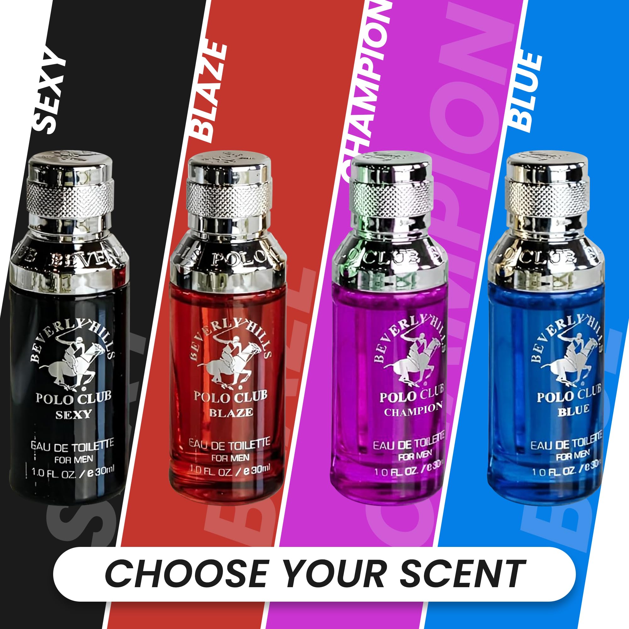Four individual Beverly Hills Polo Club travel cologne bottles