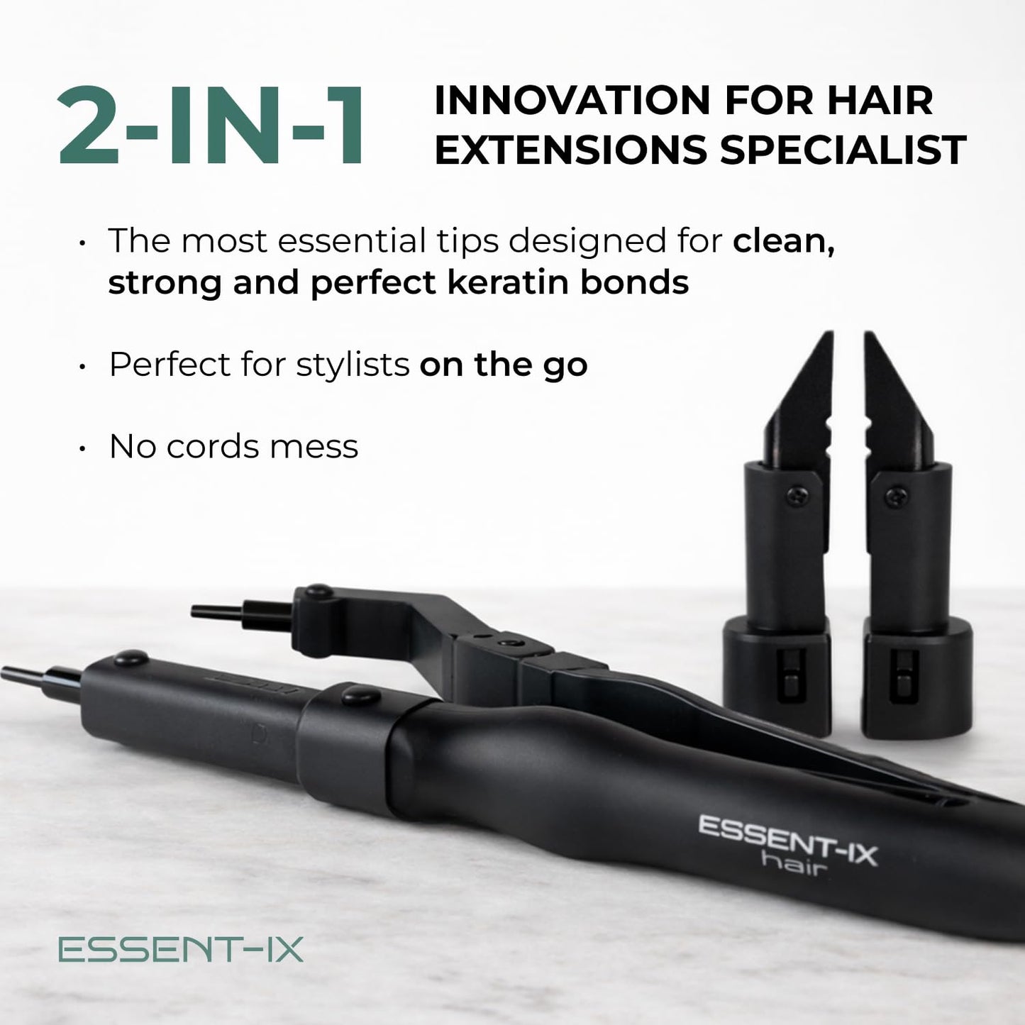 Essent-Ix professional keratin melting connector wand demonstrating the interchangeable tips for U-tip and K-tip extensions.