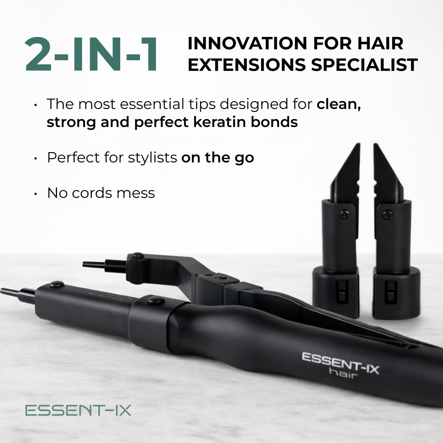 Essent-Ix professional keratin melting connector wand demonstrating the interchangeable tips for U-tip and K-tip extensions.