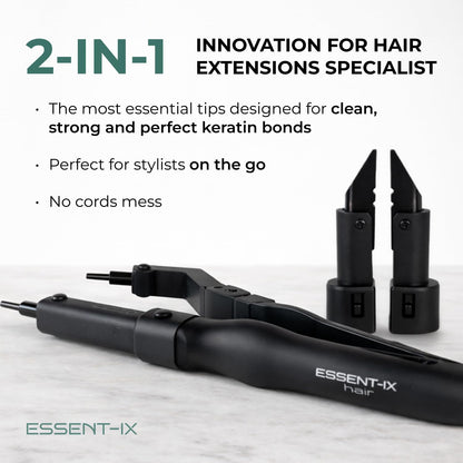 Essent-Ix professional keratin melting connector wand demonstrating the interchangeable tips for U-tip and K-tip extensions.