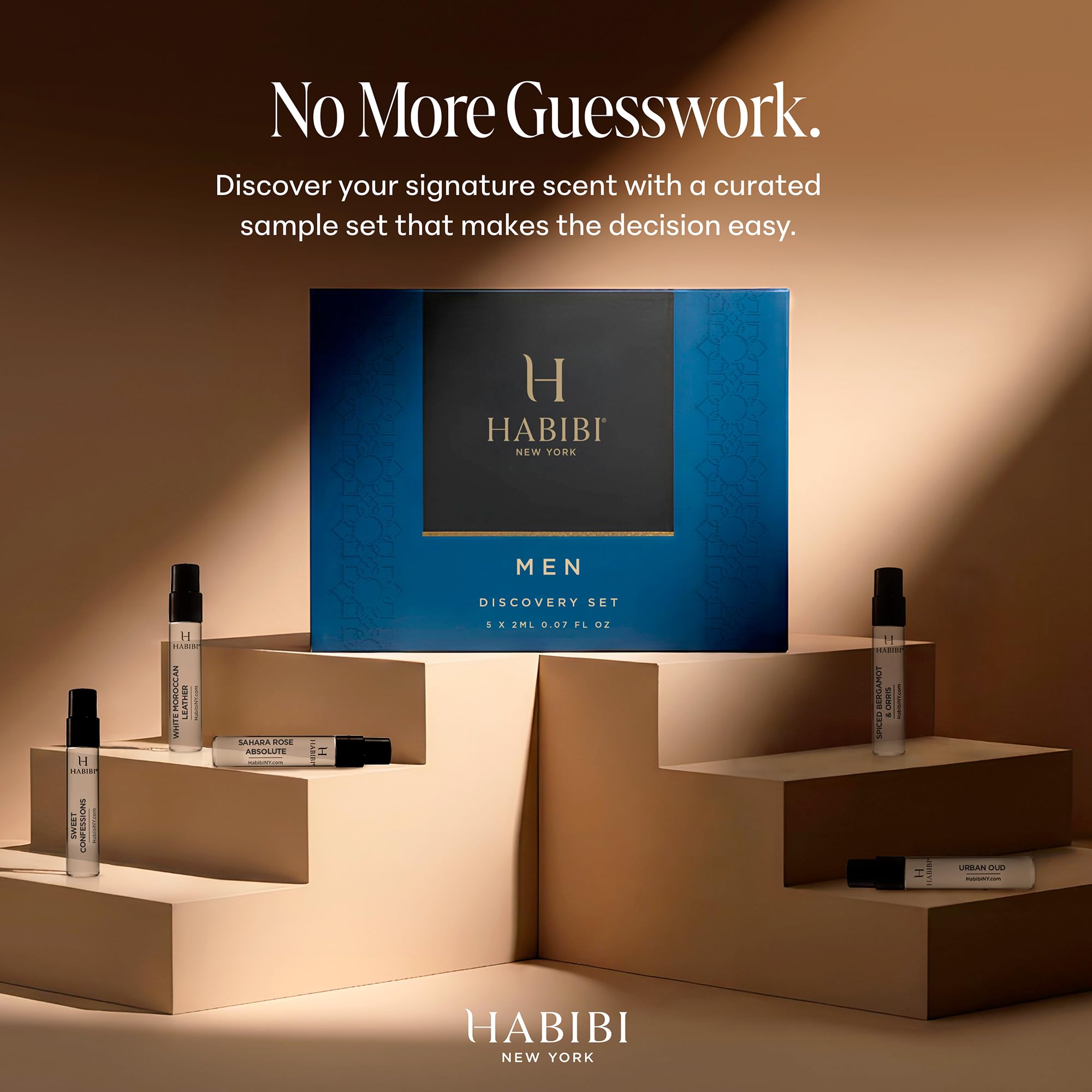 Luxury men's Eau de Parfum sampler box displaying the five signature imported fragrance vials neatly arranged.
