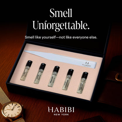 Close up shot of the H Habibi mini spray bottles highlighting the distinct fragrance names like White Moroccan Leather.