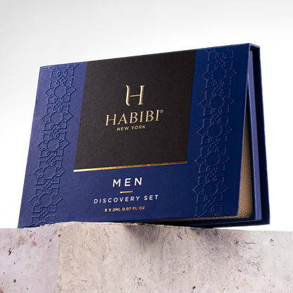 H Habibi men's perfume sample collection unboxed on a clean surface showcasing the elegant travel size presentation.