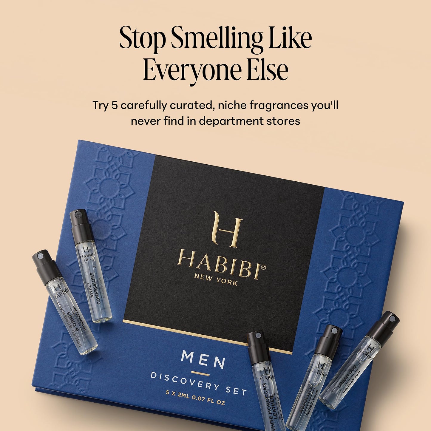 The five piece premium cologne discovery kit by H Habibi illustrating the portable size of the luxury vials.