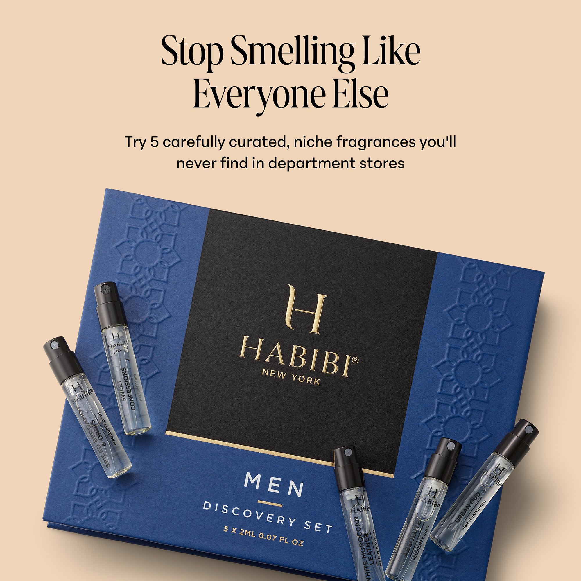 The five piece premium cologne discovery kit by H Habibi illustrating the portable size of the luxury vials.