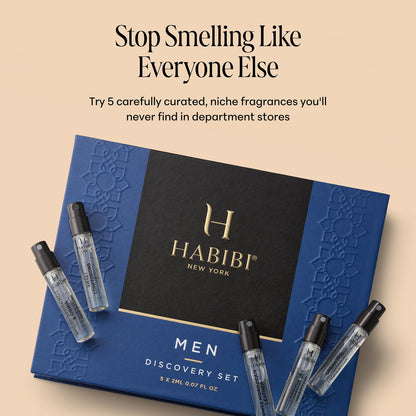 The five piece premium cologne discovery kit by H Habibi illustrating the portable size of the luxury vials.