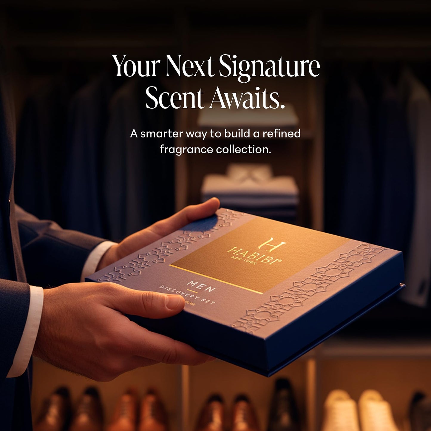 Back of the H Habibi discovery box detailing the premium fragrance notes of citrus leather spice and oud.