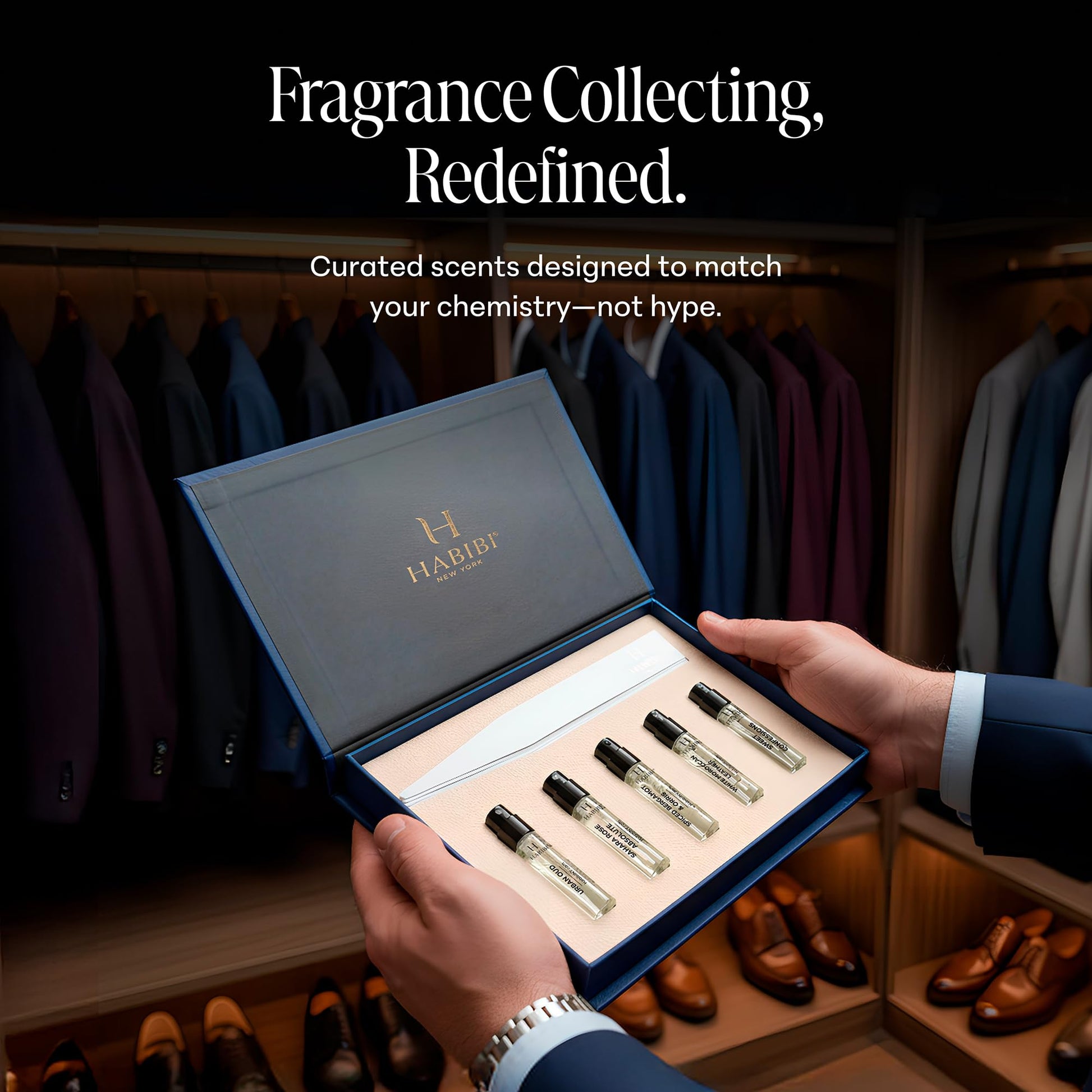A lifestyle view of the H Habibi men's fragrance collection highlighting its sleek design and gifting appeal.