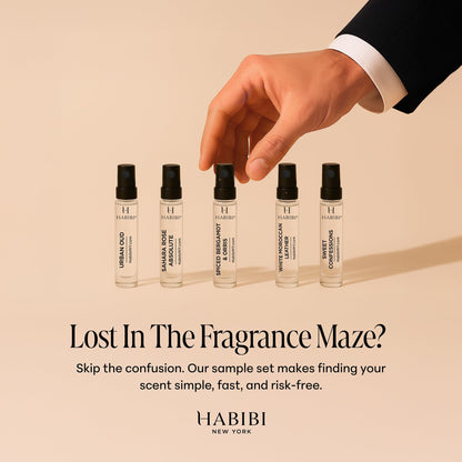 Full view of the H Habibi luxury sample set demonstrating the five unique fragrances included for the modern gentleman.
