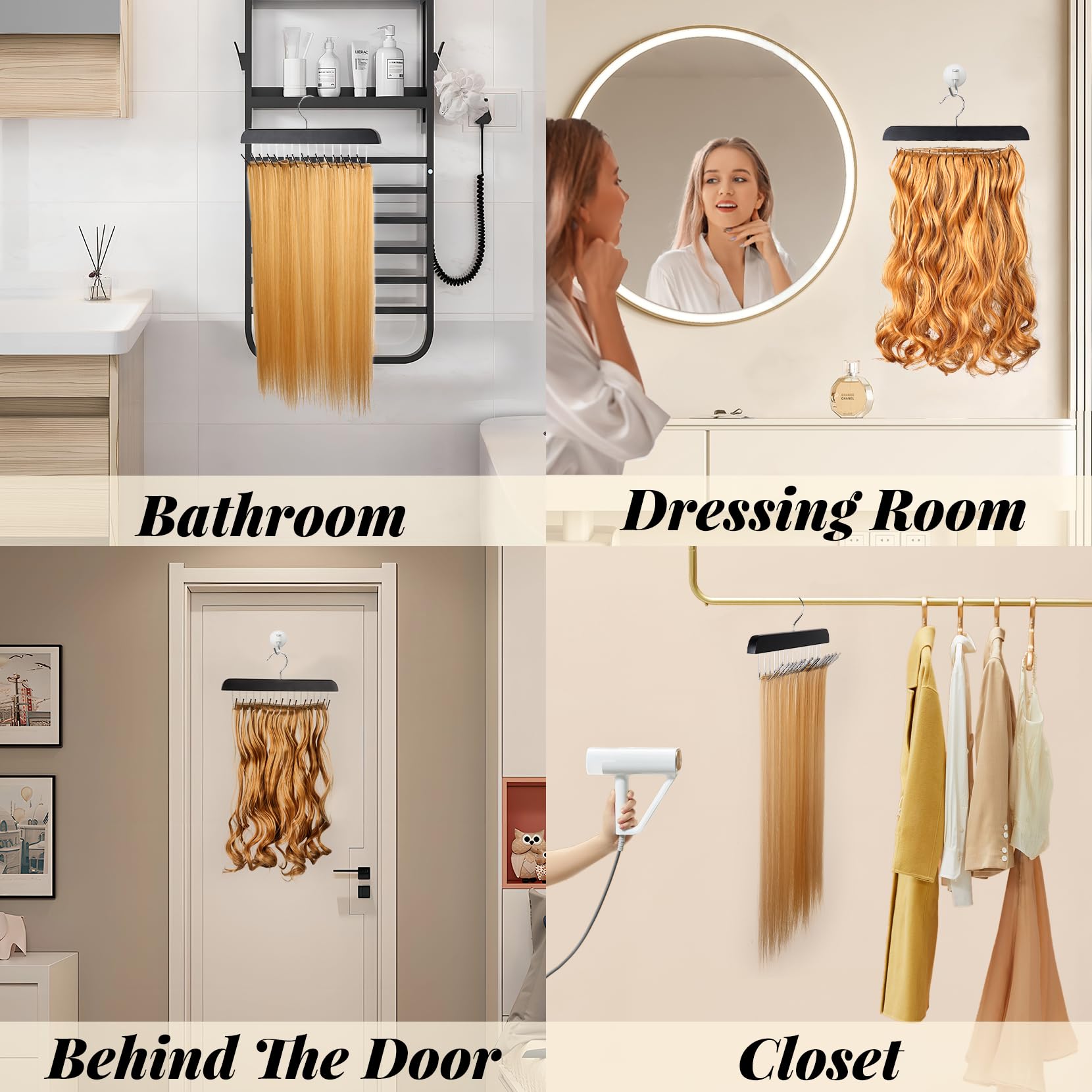 Foldable hair extension hanger showing rotatable metal hooks layout