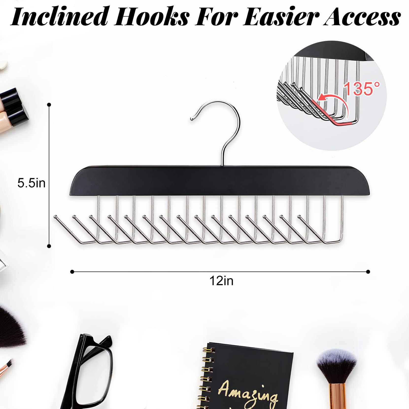 Close up of slanted metal hooks on the premium hair extension rack