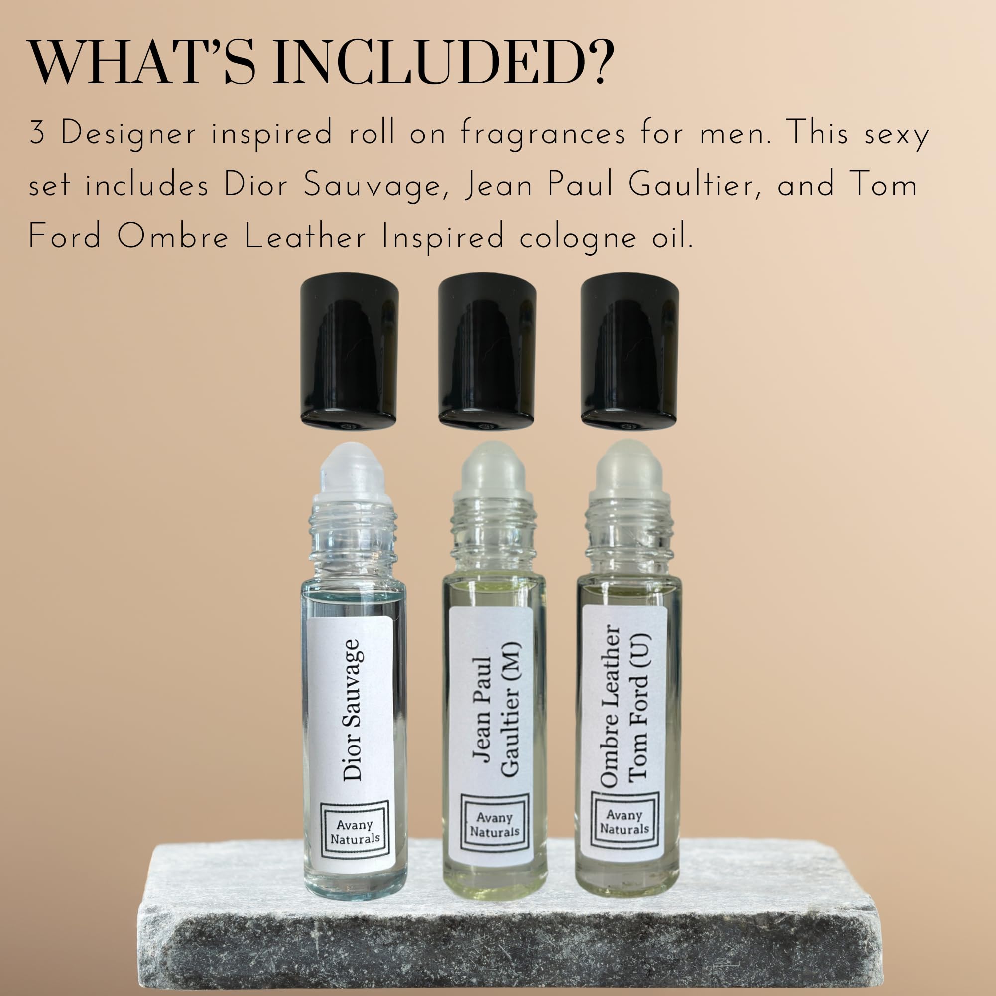 Avany Naturals travel size roll on cologne oil bottles
