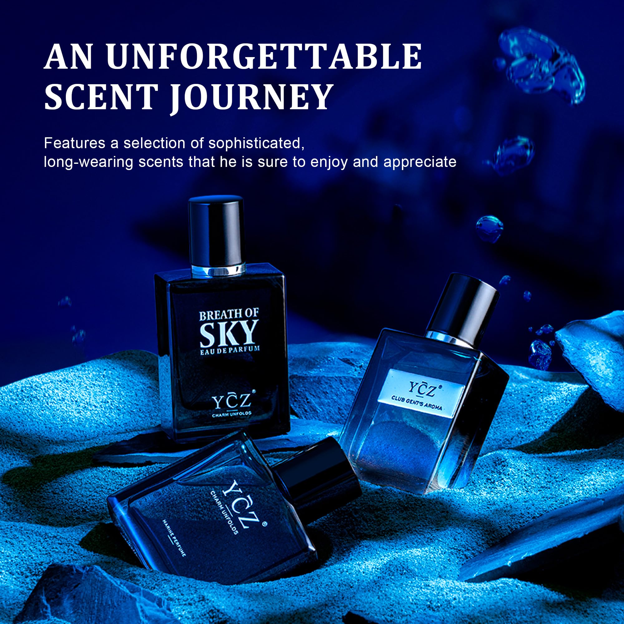 Three 50ml Ycz cologne bottles side by side
