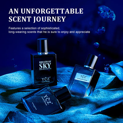 Three 50ml Ycz cologne bottles side by side