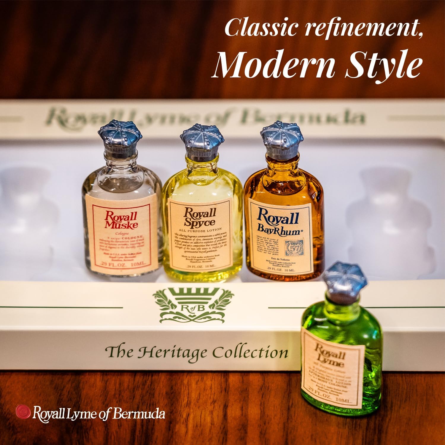 Close up of Royall BayRhum 57 and Royal Lyme mini bottles on a clean surface