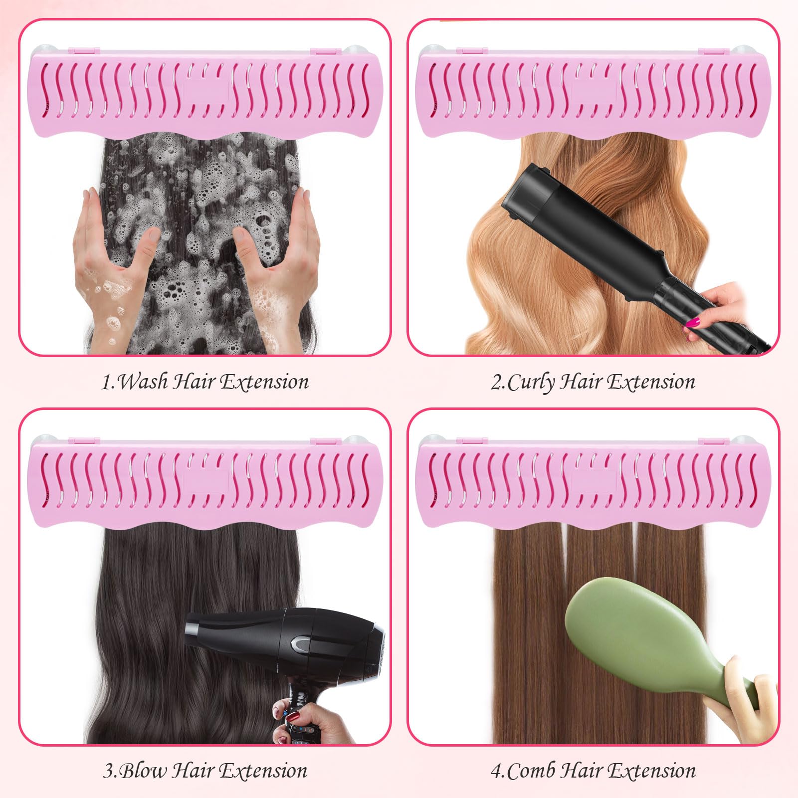 Portable braiding hair rack mounted on a bathroom mirror using suction cups.