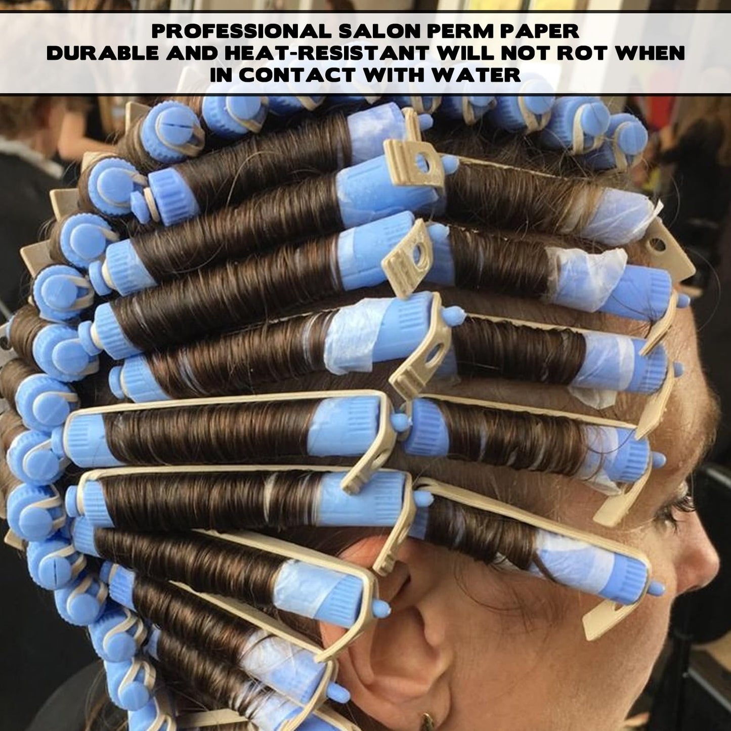 Tough non tearing salon paper tissue protecting hair ends from heat styling damage.