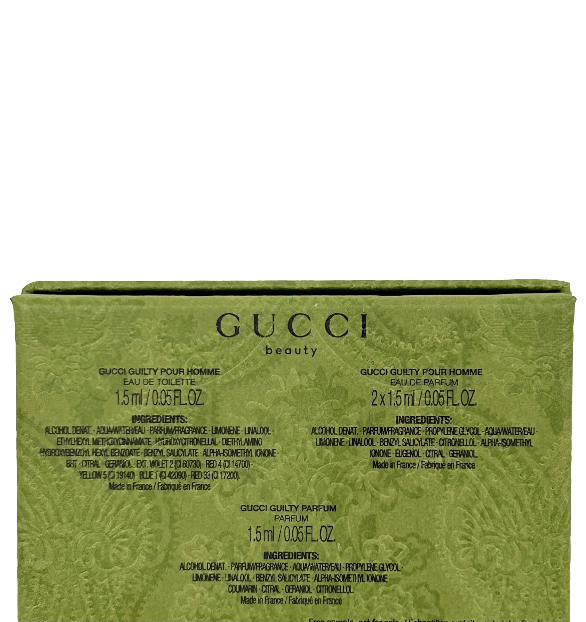 Close up of Gucci Guilty men fragrance gift set vials