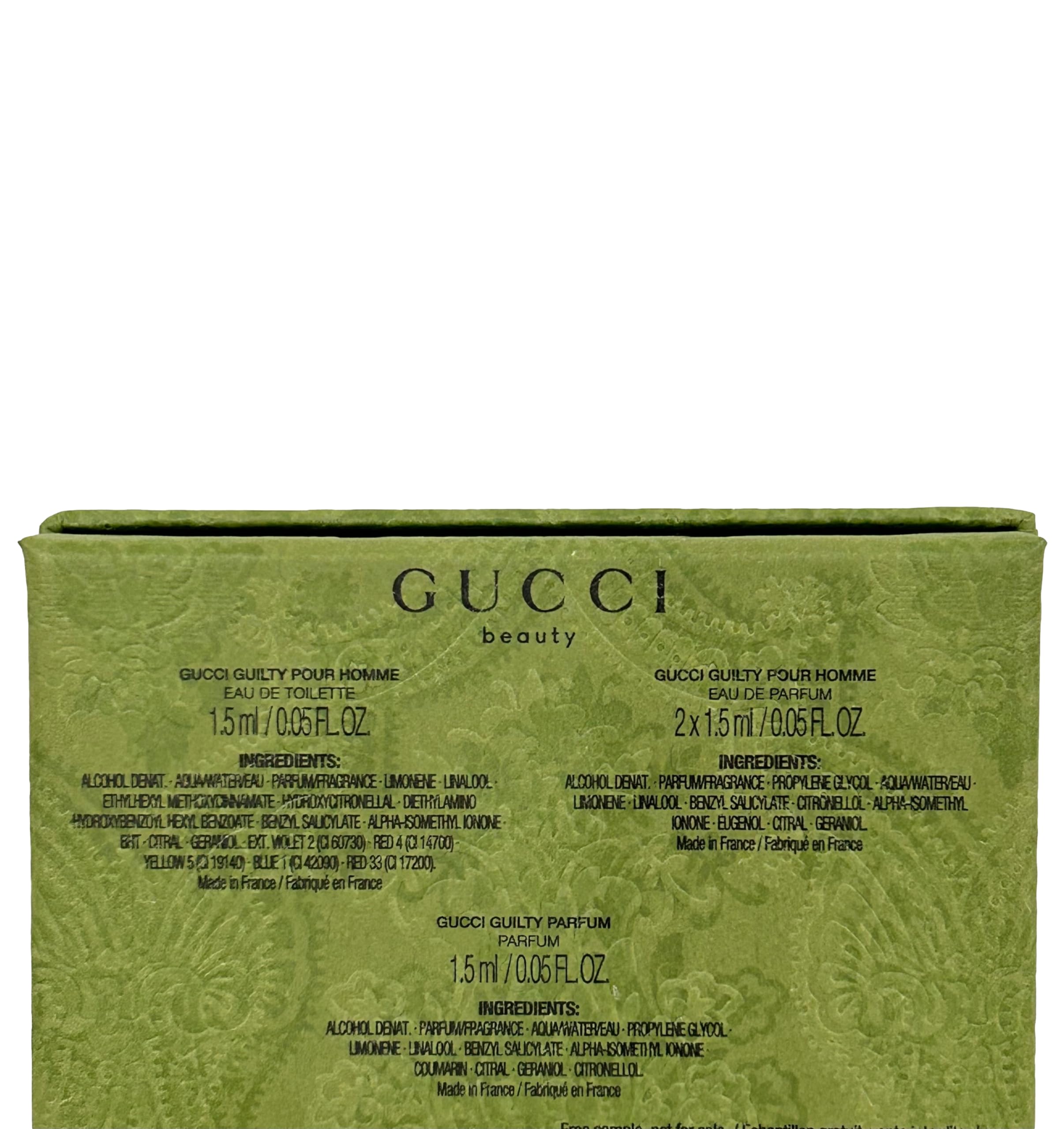 Close up of Gucci Guilty men fragrance gift set vials