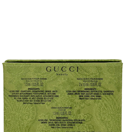 Close up of Gucci Guilty men fragrance gift set vials