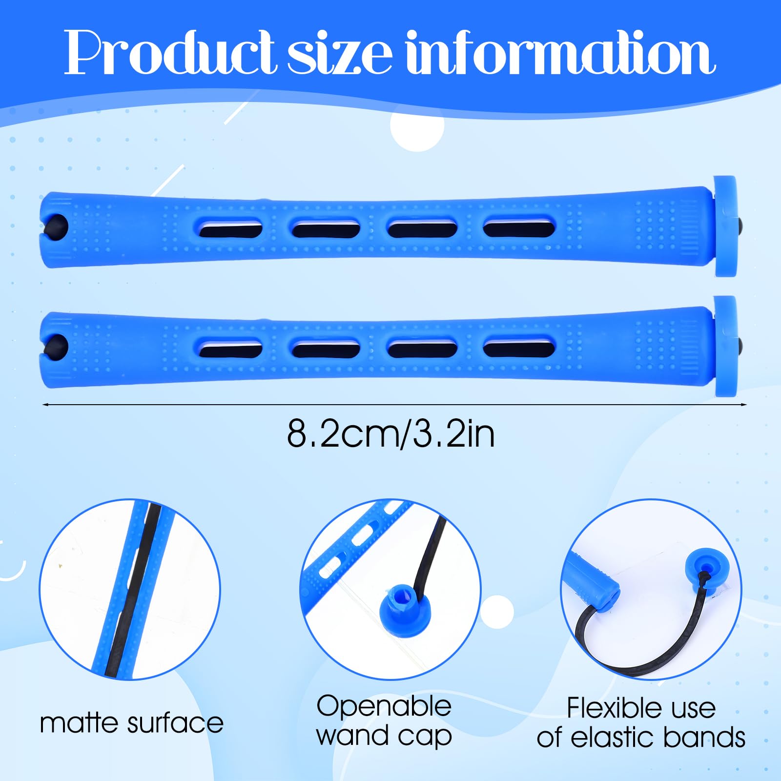 Close up of 0.35 inches blue cold wave hair rollers showing the integrated rubber band