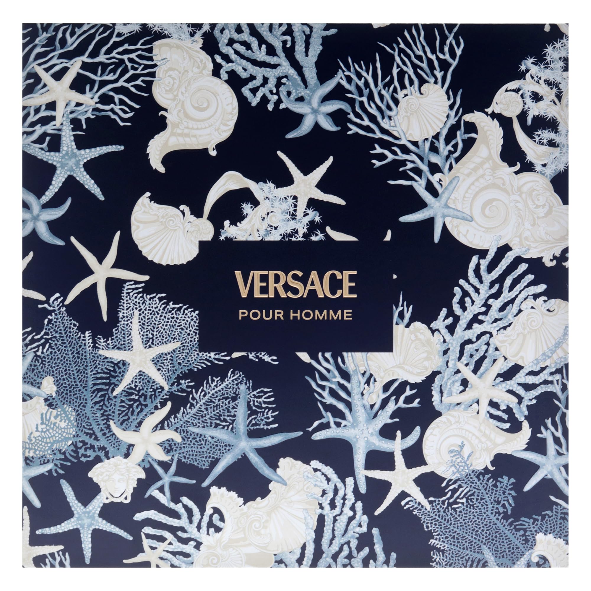 Close up view of the Versace Pour Homme gift set packaging