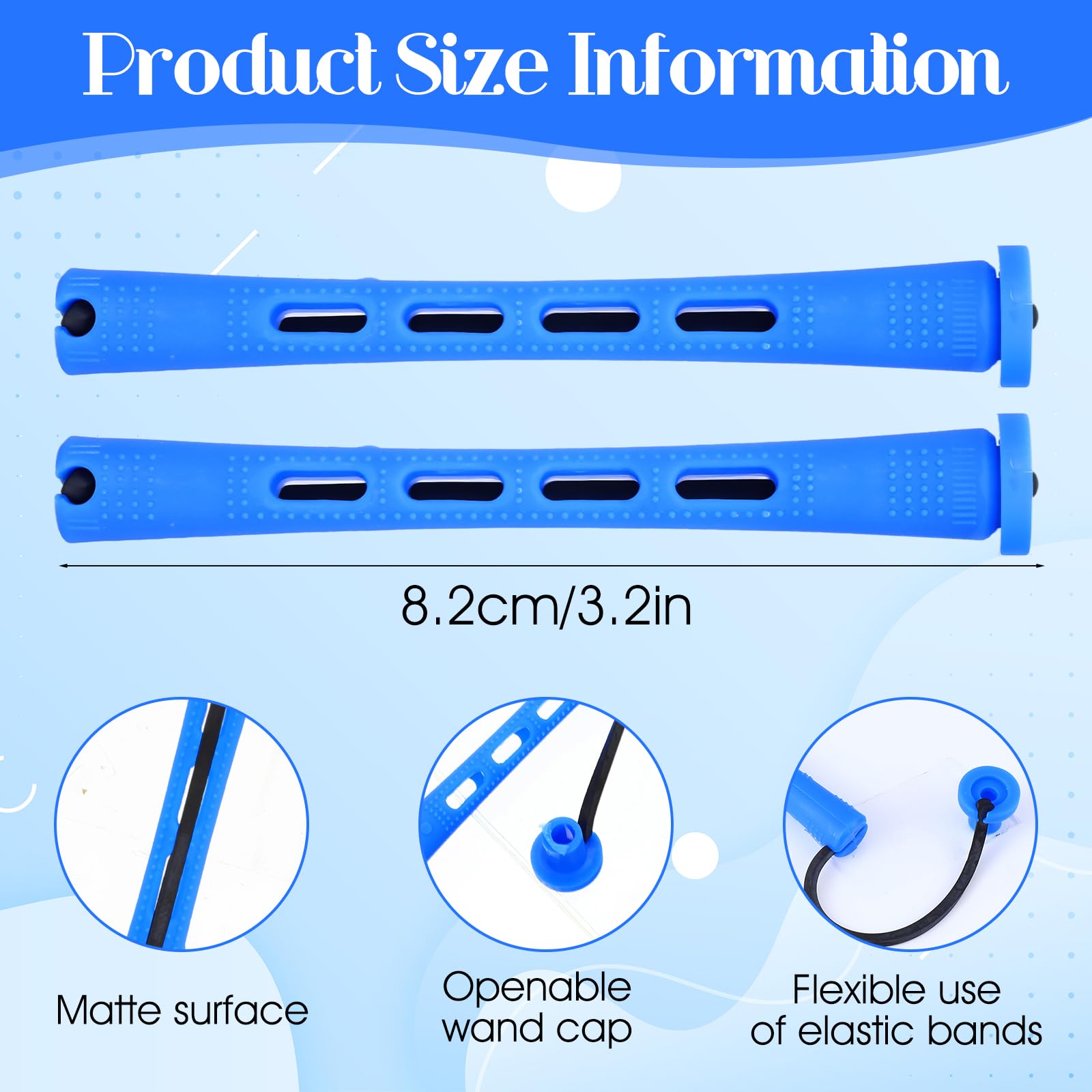 Close up of 0.35 inch blue perming rods with attached silicone bands