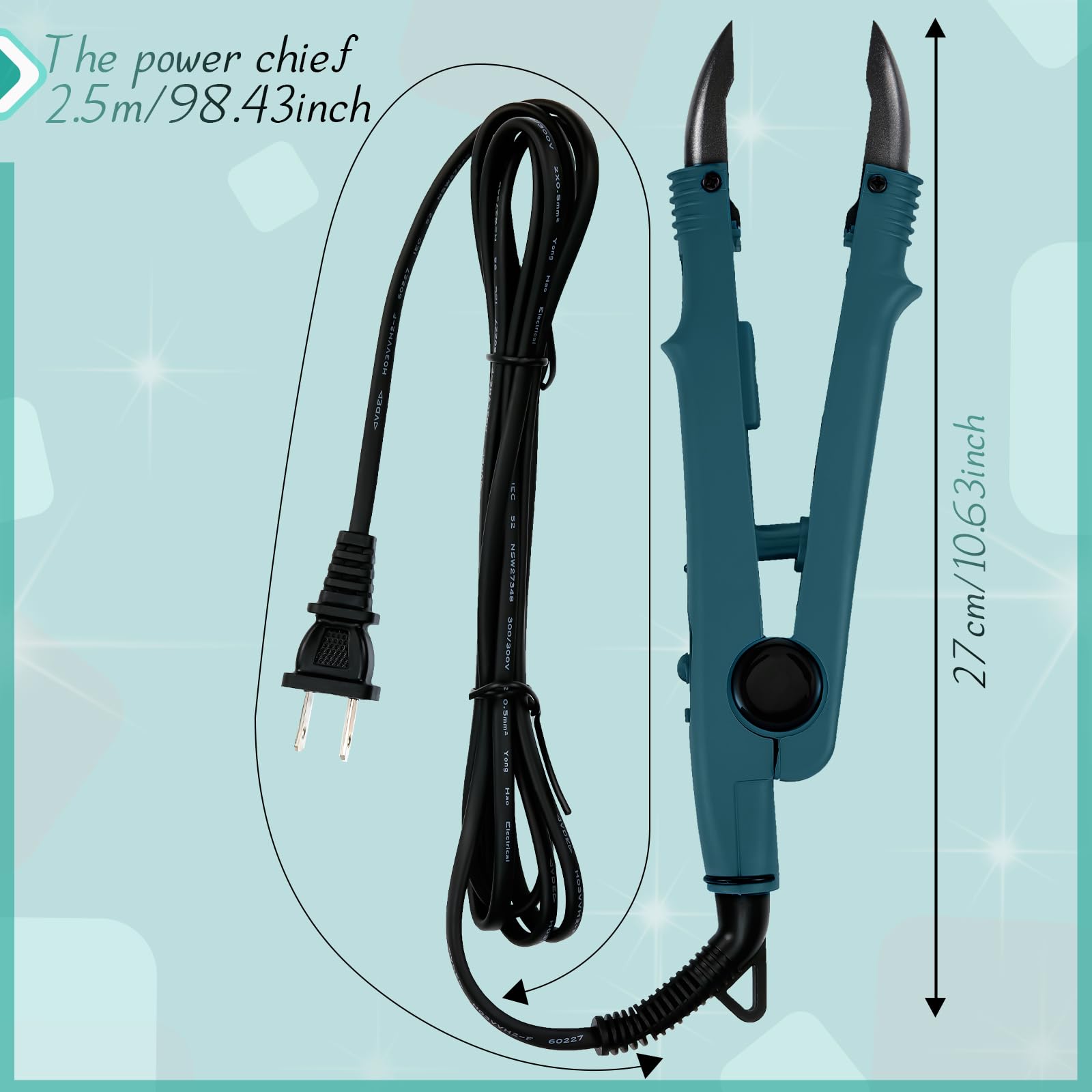 Teal green keratin hot fusion iron wand with curved C head heating plates close up
