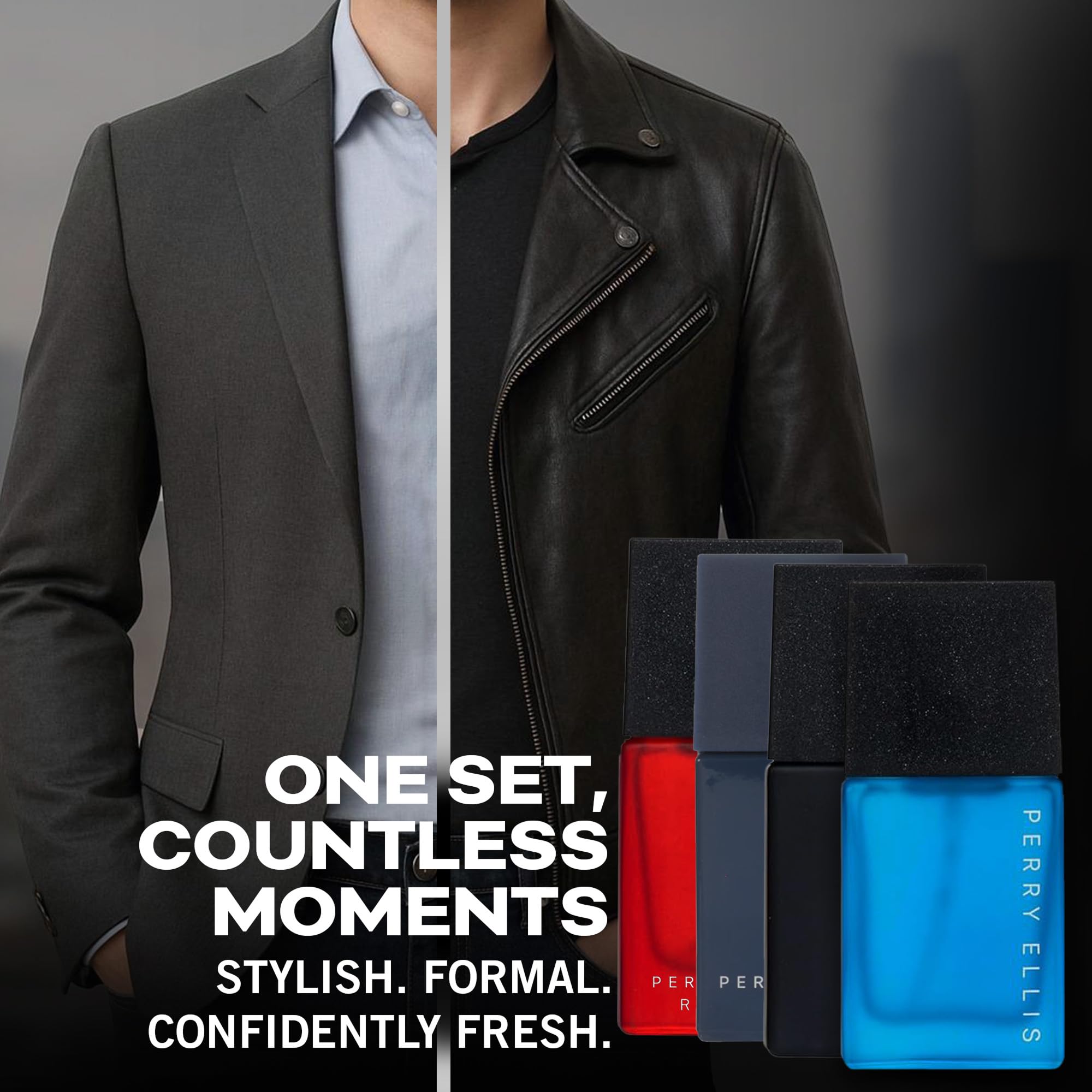 Perry Ellis Sky and Pure Blue mini colognes in blue gift packaging.