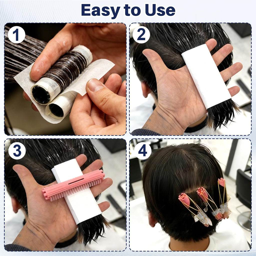 Salon grade chemical resistant end papers being applied to hair tips