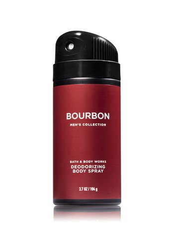 Authentic Bath and Body Works Bourbon daily deodorizing spray and premium hair wash set bottles close up