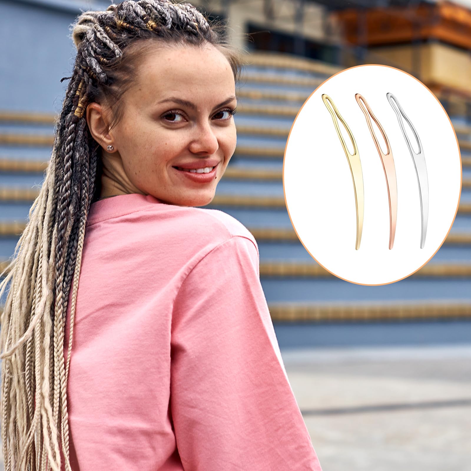 Packaging view of the three piece metallic dreadlock tightening accessory kit