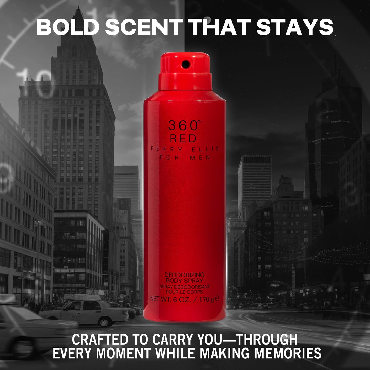 Six ounce can of Perry Ellis 360 Red body spray displaying ingredients list